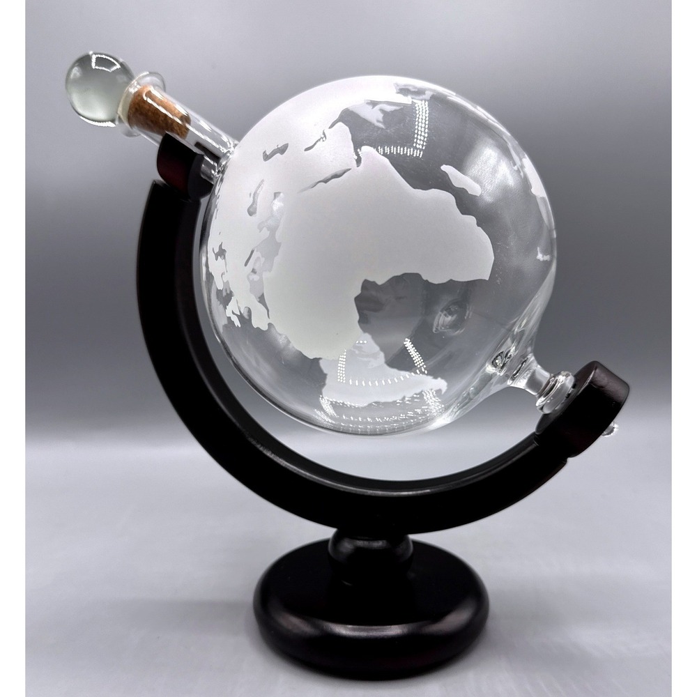 Etched Glass Rotating Globe Whiskey Decanter with Wooden Stand 850ml Barware